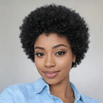 Afro Kinky Curly Wave Wig 150% Density 6Inch Pixie Cut Afro Kinky Curly Human Hair Wig for Women Full Machine Made Wig 1
