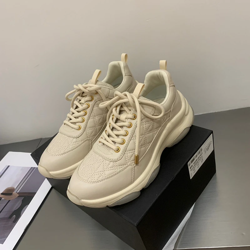 Dave&Di British Fashion Casual Quilted Stitching Leather Flat Shoes Women's Vulcanized Shoes Women Rise Sneakers