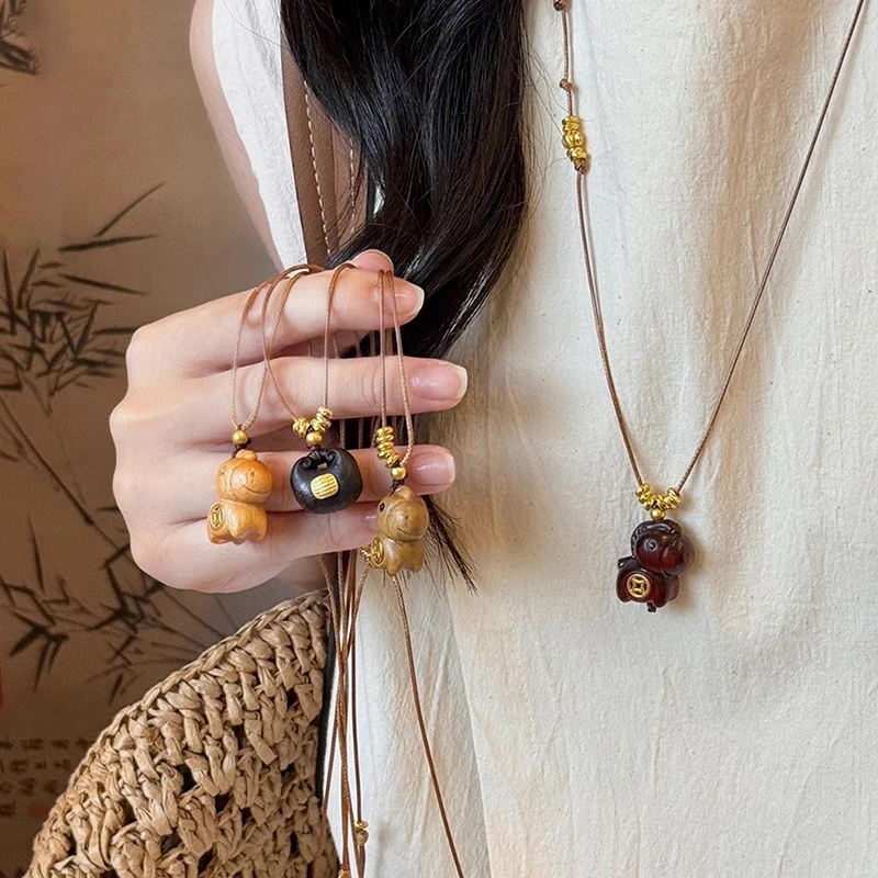 Wooden Cartoon Horse Pendant Necklaces For Women Female Retro Sweater Chains Adjustable Long Rope Chain Daily Matching Accessori