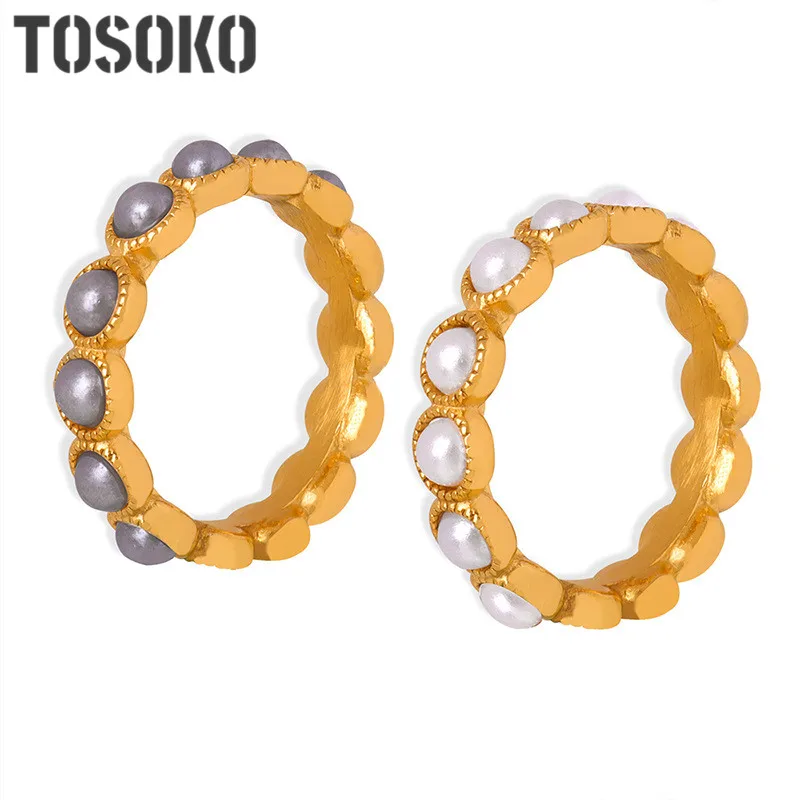 

TOSOKO Stainless Steel Jewelry Lace Design With Inlaid Shell Bead Rings Elegant Joint Pearl Finger Ring BSA523