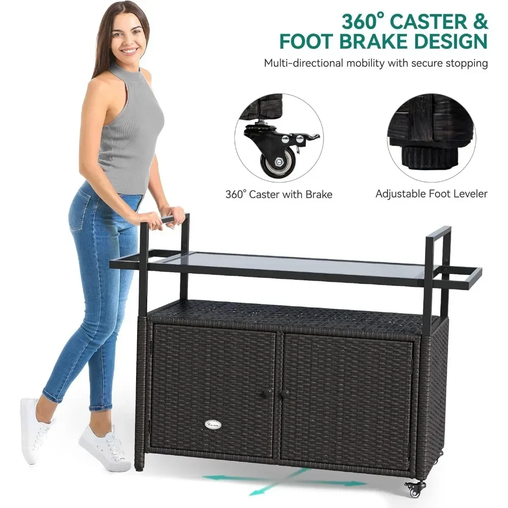Kitchen Trolley, Wheels and Black Glass Table Top for Patio, Poolside and Backyard , Outdoor Kitchens Rolling Trolleys