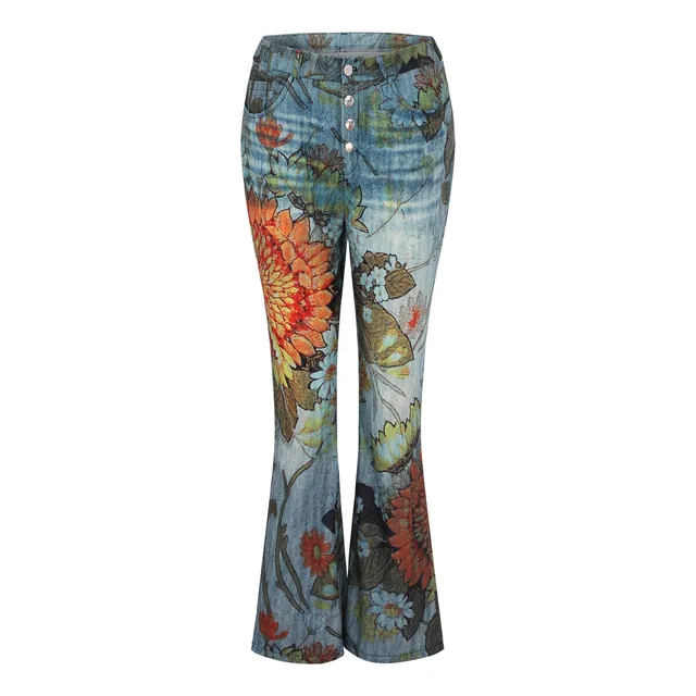  - Jeans For Women Plus Size Streetwear Bootcut Distressed Flared Wide Leg Denim Flower Print Faux Denim Jeans Pantalones De Mujer