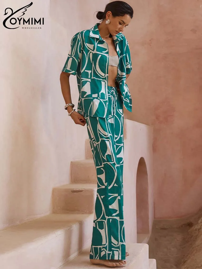 Oymimi Casual Green Print Two Piece Outfits Women Elegant Lapel Short Sleeve Button Shirts And Drawstring Straight Trousers Sets