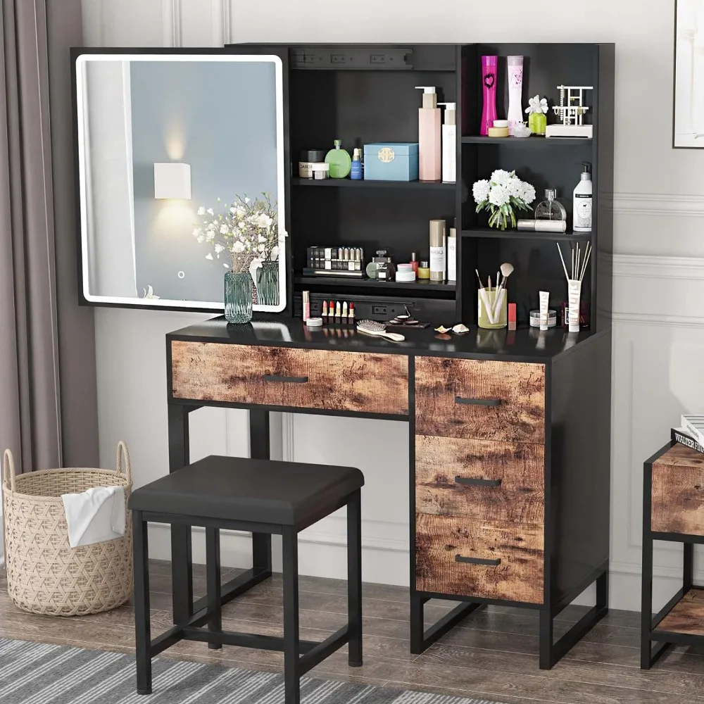 

PAKASEPT Vanity Set with Sliding Lighted Mirror, Vanity Desk Makeup Vanity Dressing Table with LED Lights, 4 Drawers, Hidden