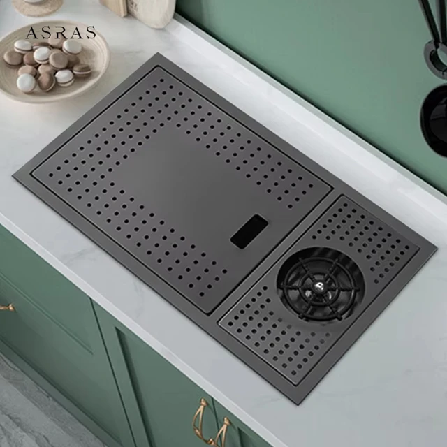 ASRAS Island เคาน์เตอร์บาร์ที่ซ่อนอยู่ฝาครอบอ่างล้างจานปกปิดเครื่องซักผ้าถ้วยชามเดี่ยวอ่างล้างจานขนาดเล็กพร้อมก๊อกน้ํายก 1