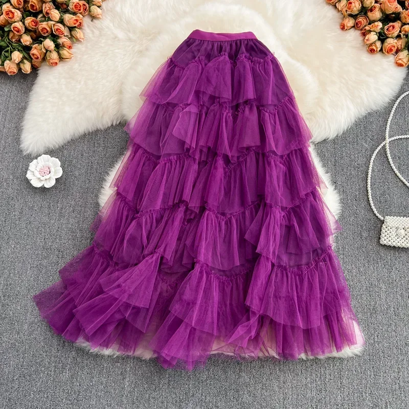 

Tutu Tulle Long Skirts Womens 2024 Fashion Korean Solid A Line High Waist Mesh Tiered Maxi Skirt Female Faldas Aesthetic P496