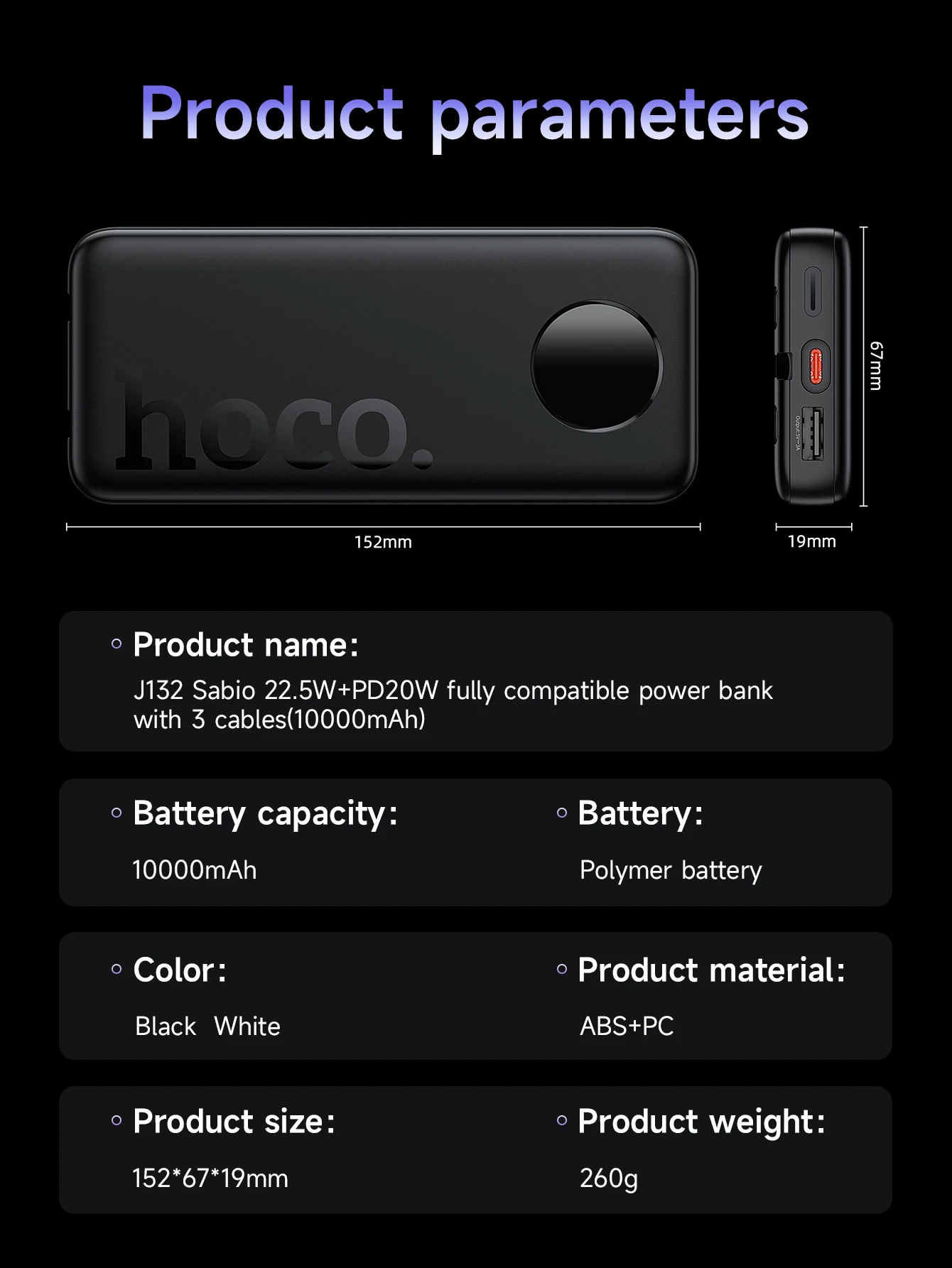 HOCO J132 10000mAh 22.5W Power Bank QC3.0
