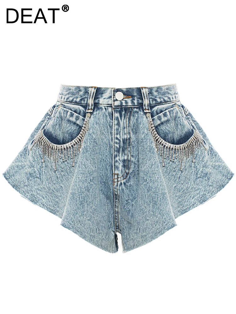 

DEAT Fashion Women's Denim Shorts New High Waist Loose Straight Metal Tassel Streetwear Short Jeans Female Summer 2023 17A1654