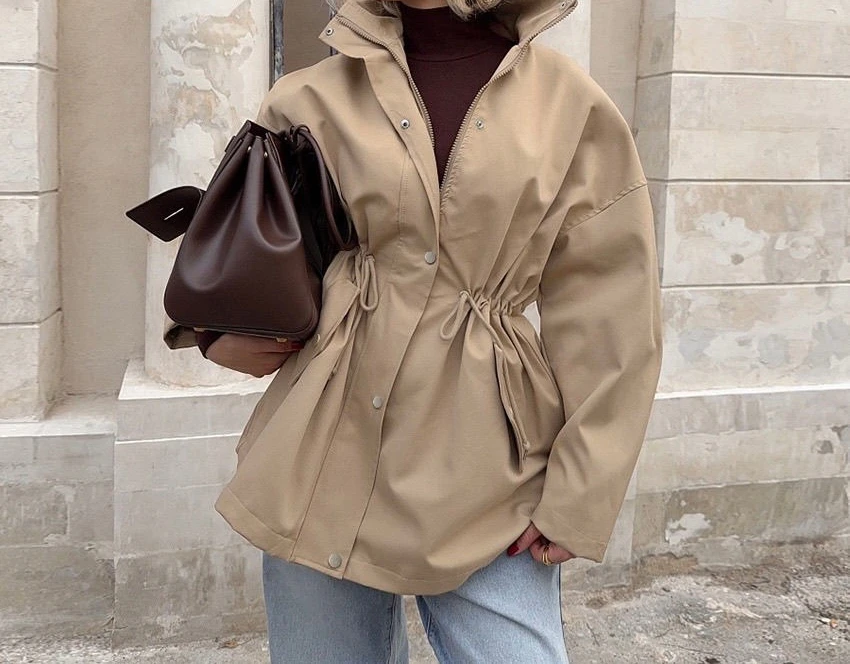 Jaqueta de manga comprida comprimento médio solto elegante retrô versátil blusão roupas femininas