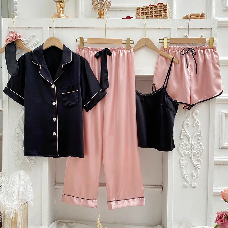 

Spring Summer 4PCS Pajamas Set Sleepwear Sexy Short Sleeve Pijamas Suit Sexy Rayon Nightwear Suspender Shorts Set Loose Homewear