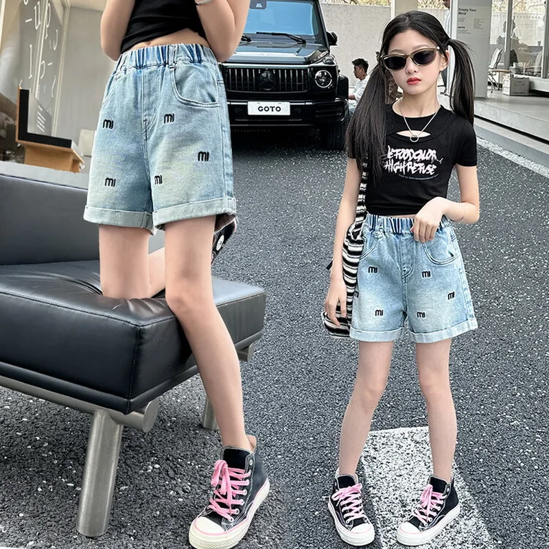 Summer Teen Girls Fashion Letter Embroidery Shorts Korean Style Cotton Kids Clothes School Casual Solid Denim Shorts 5-14 Years