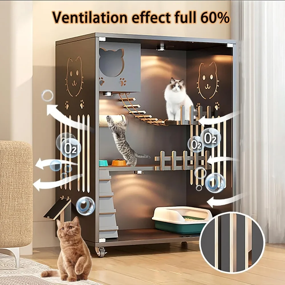 Large Indoor Cat Enclosure, Wooden Large Cat Villa, Indoor/Outdoor Enclosure with Wheels, Multi-Feature Enclosed Cats Houses