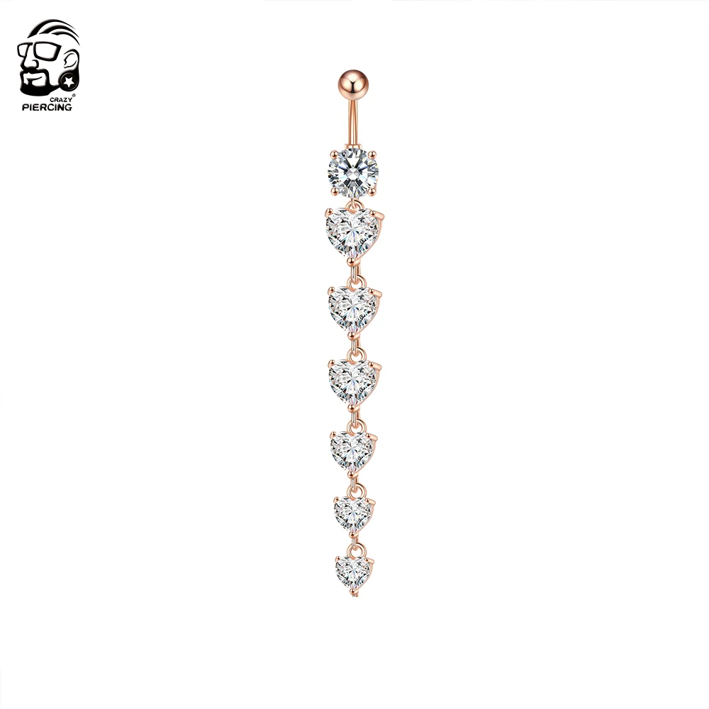 Piercing Jewelry Belly Button Piercings Body Jewelry 7 Heart Crystals Long Dangled Belly Button Rings Surgical Steel 14g Cuved Bar