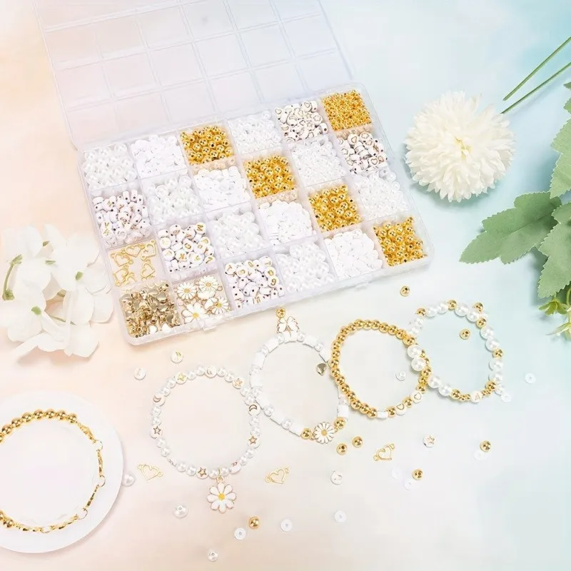 Clay Beads DIY Jewelry Making Kit, Simplistic Style Daisy Charms,  Golden Spacer Beads, White Glossy Plastic Pearls & Alphabet - 3