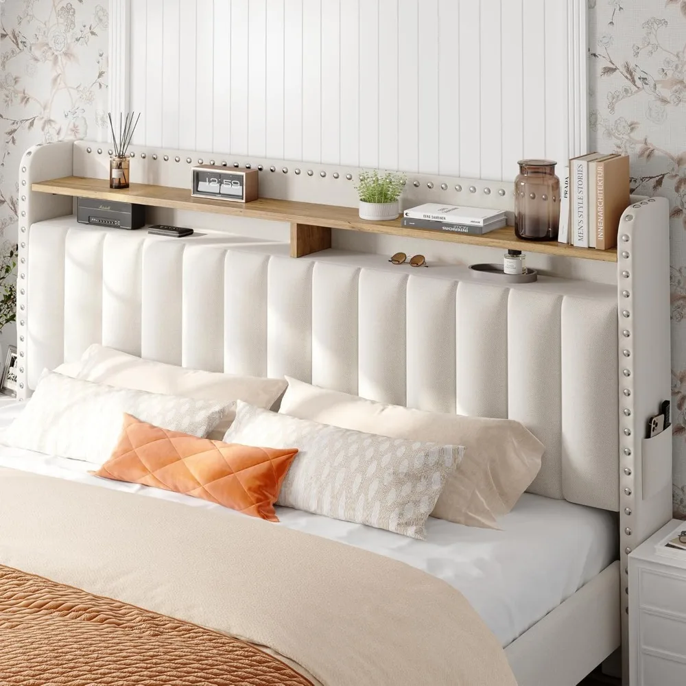 Headboard with Storage , Upholstered Queen Bed Frame with Storage, Queen Size Bed Frame 2 Drawers, Headboard Storage