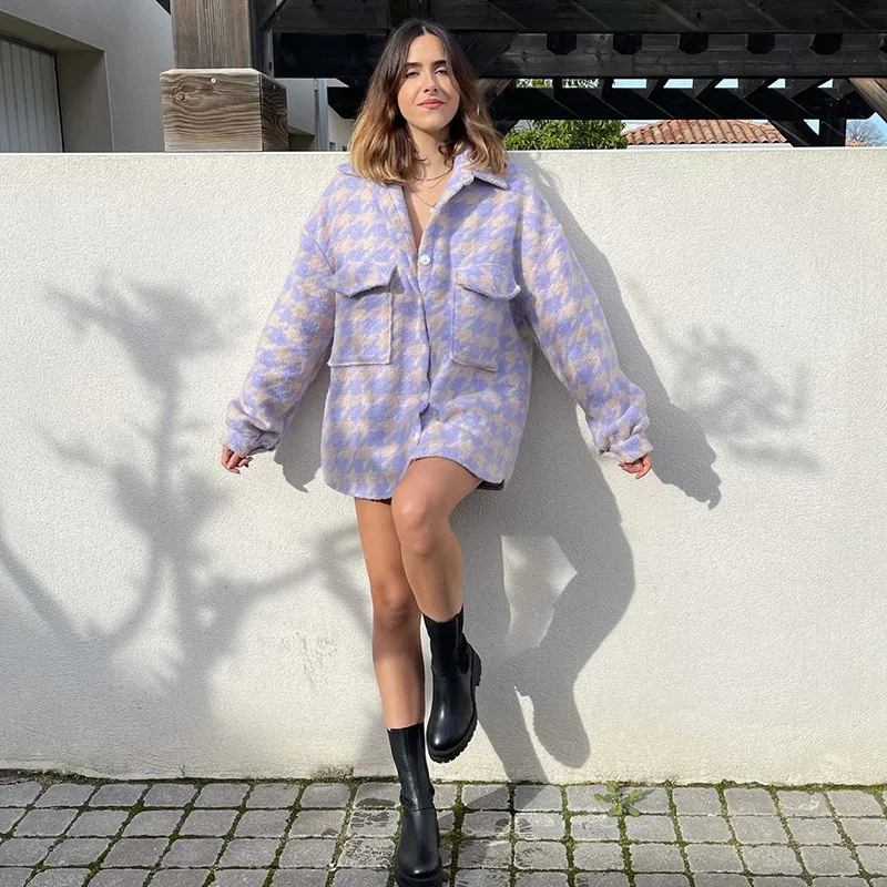 

Casual Women Houndstooth Jacket Tops Retro Long Sleeve Single-Breasted Lapel with Pockets Outwear Autumn Winter Cardigan Coats