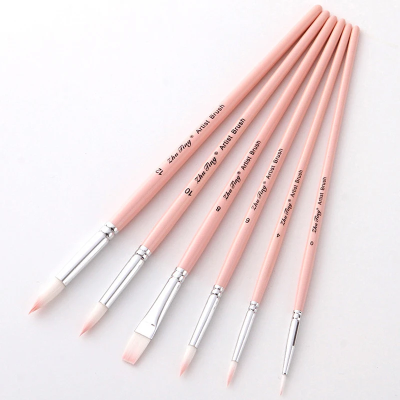 6 Pcs/Set Macaron Wooden Handle Nylon Hair Painting Brushes Watercolor Oil Acrylic Brush Art Pen for School Student Supply 4