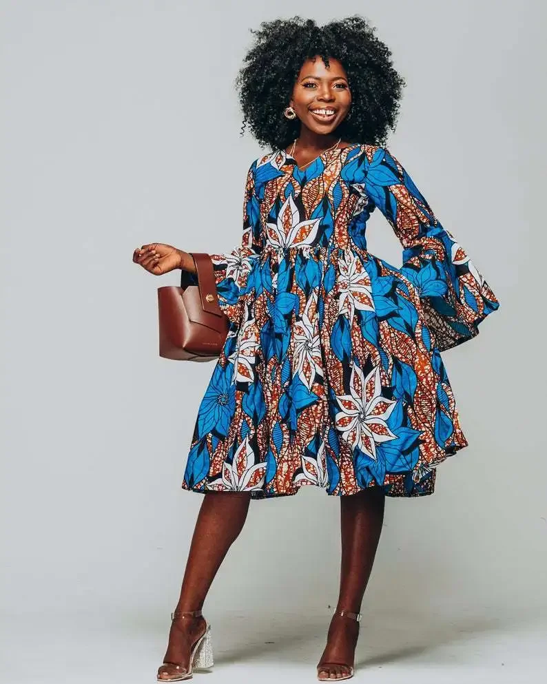 Africa New Digital Printing Women's Autumn Dress Three Quarter Lotus Leaf Sleeve Small V-Neck Dress Spot