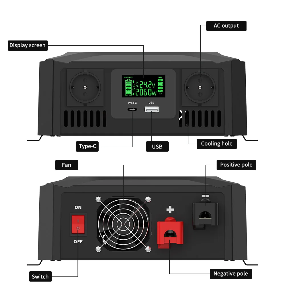 DATOU BOSS Pure Sine Wave Inverter 12v 24v 1200w 2300w Two Voltages Support dc ac Inverter 12v to 220v EU Peak Power 4000W