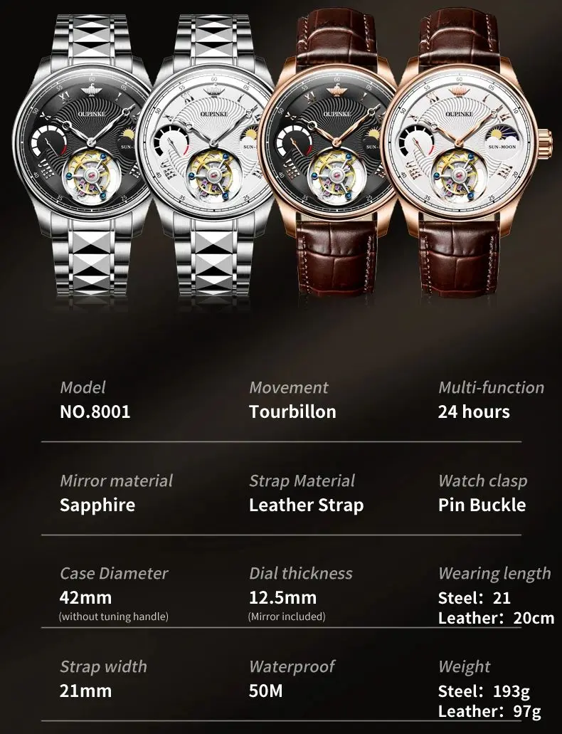 OUPINKE 8001 Watch For Men 50M Waterproof Moon Phase Man Watch Sapphire Mirror Hollowed Tourbillon Mechanical Male Wristwatches