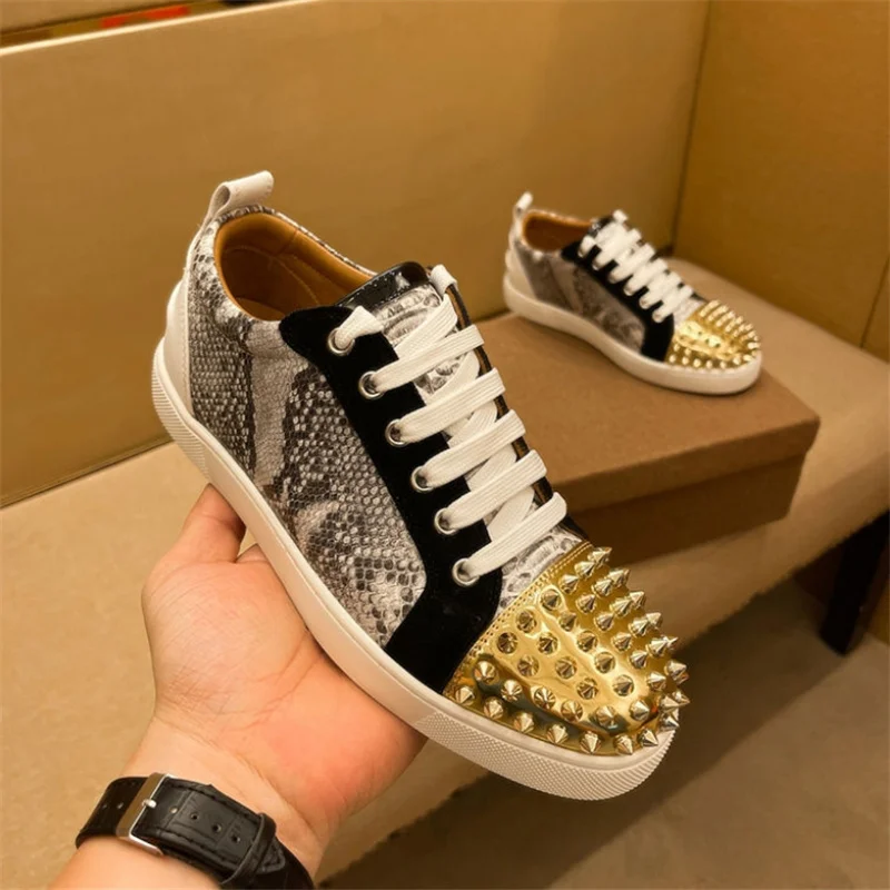 

Luxury Brand Snakeskin Stripe Leather Red Bottoms Low Tops Rivets Shoes For Men's Casual Flats Loafers Women's Spiked Sneakers