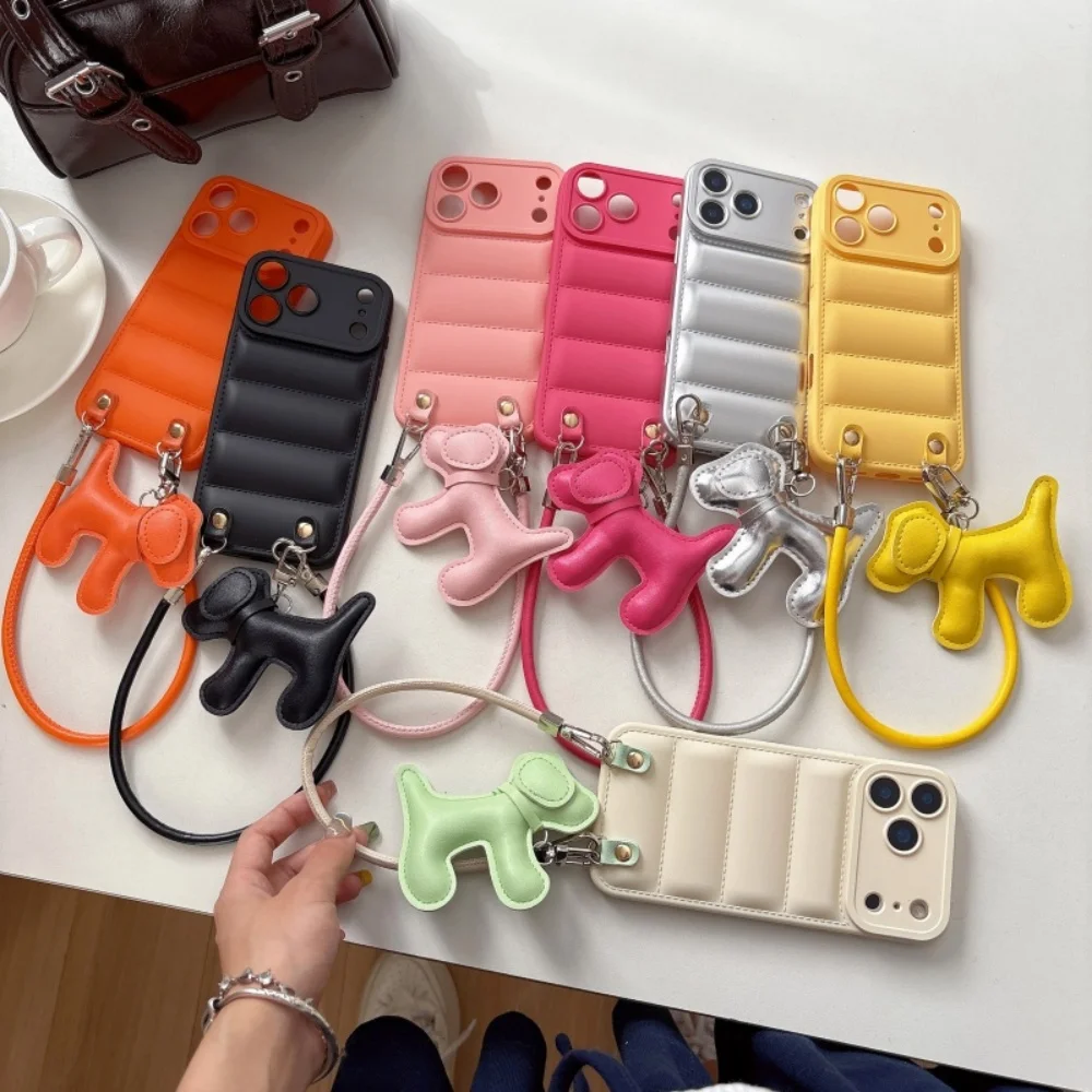 Cartoon Dog PU Leather Lanyard Phone Case with Creative Down Jacket Design