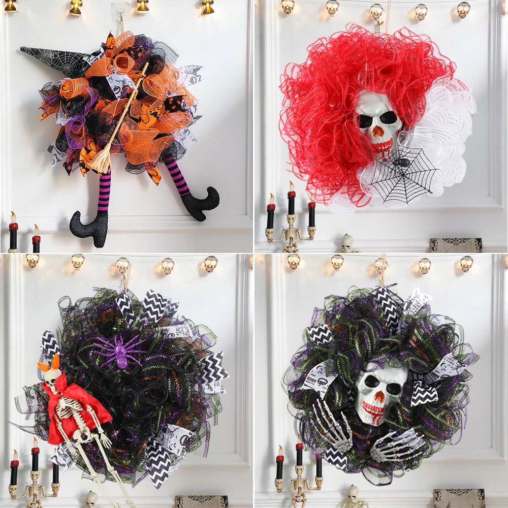 

45 см венок на Хэллоуин с черепом, украшение, венок клоуна на Хэллоуин, висячий кулон, праздничный для входной двери, камина, Настенный декор