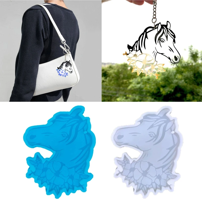 

R3MC Animal Keychain Epoxy Mold Diy with Flower Horse Head Key Pendant Silicone Mould