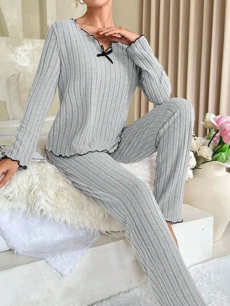Autumn Winter Warm Plush Pajamas Set Women Long Sleeve Top and Trousers 2 Piece Set Casual Sleepwear Homewear Loungewear