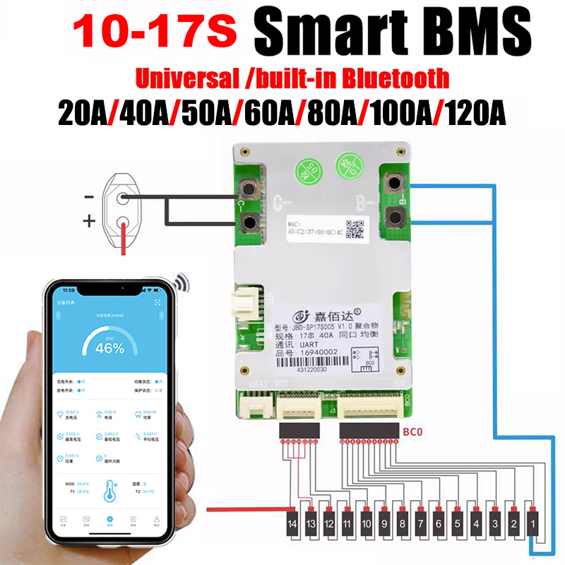 JBD Automatic Identify 10S 12S 13S 14S 15S 16S 17S Smart BMS 20A 40A 50A 60A 80A 100A 120A BMS Lifepo4 Build-in BT With NTC UART