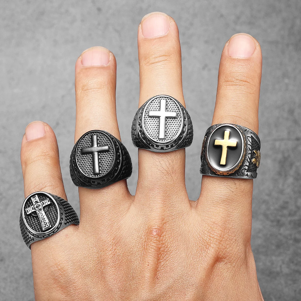 Elfasio Vintage Cross Ring - Black & Red Dripping Glaze Stainless Steel Unisex Ring, Sizes 8-13 - View #9