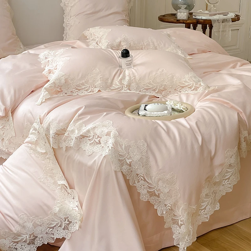 

Luxury Light Pink Lace Embroidery Princess Bedding Set Korean Style Egypt Cotton Solid Quilt/Duvet Cover Bed Sheet Pillowcases