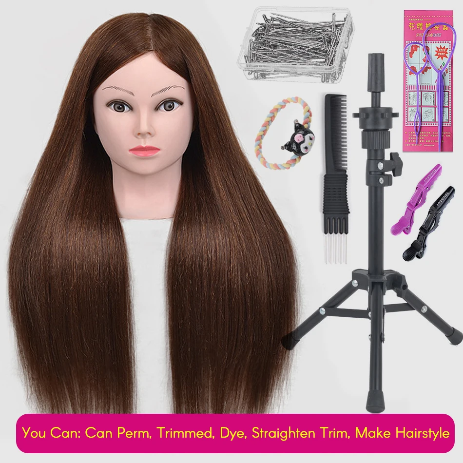 Female Mannequin Training Doll Head With 80% Real Hair For Hairsyles Hairdressing Cosmetology With Stand Tripod synthetic mannequin head