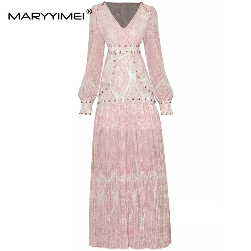 

MARYYIMEI Fashion Designer Women dress V-Neck Lantern Sleeve Beading Print Slim Holiday Chiffon long Dresses