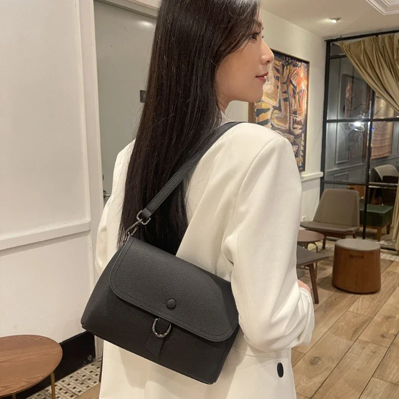 Women's Cow Leather Square Handbag Solid Versatile Head Layer Cowhide Multi Compartment Single Shoulder Bag Luxury Underarm Bag