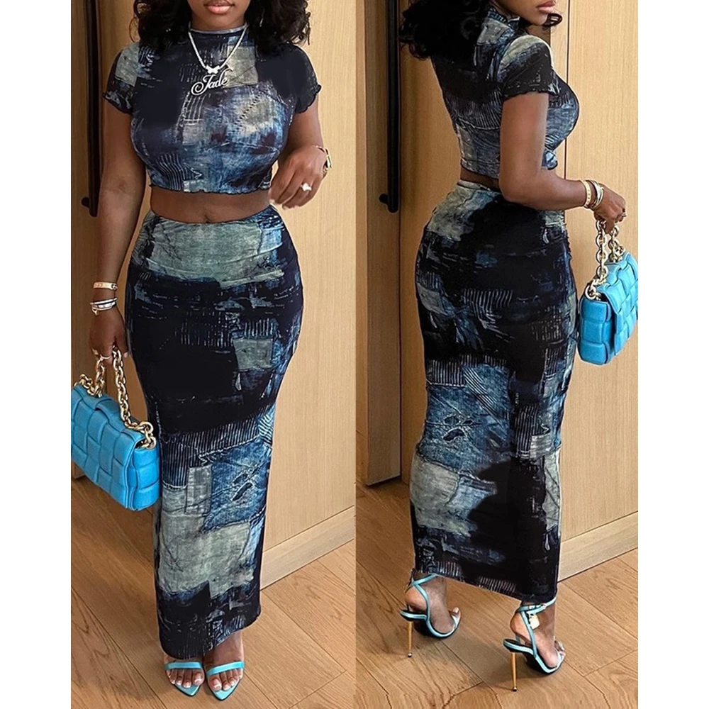 Casual Summer Women Denim Look Print Short Sleeve Top & High Waist Skirts Set Korean Style Two Pieces Dress Suit Set Streetwear protective cover sheath cable sleeve welding tig torch hydraulic hose wrap welding gun denim silicone fireproof leather cover