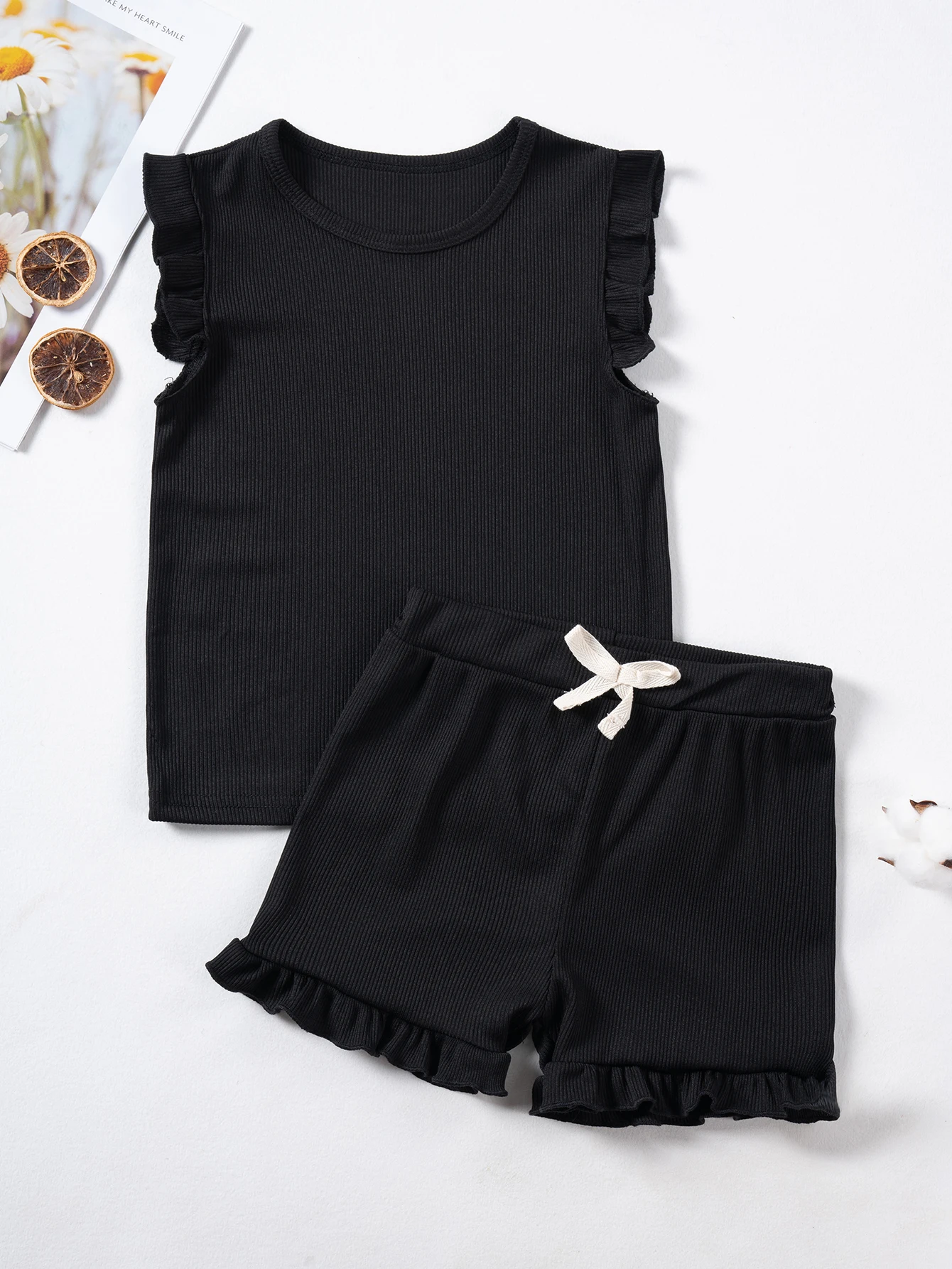 Sommer Einfarbig Kleinkind Ärmelloses Set Mädchen Dash Sleeve Top + Shorts Elastische Taille Kleidung Set 2 stücke Rüschen Kinder kleidung – Detail 6