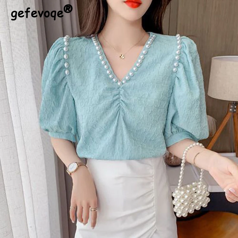 

Women Ruched Beaded Chic Sweet Blouses New Summer Fashion V Neck Short Puff Sleeve Elegant Shirts Casual Solid Slim Chiffon Tops