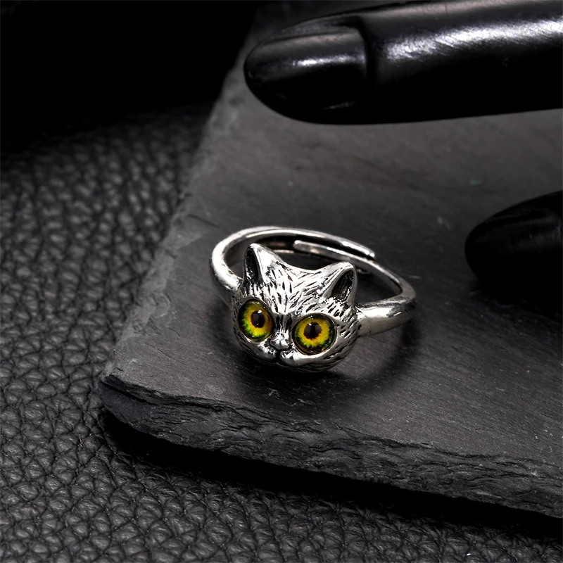 Neue süße silberfarbene Katzenringe für Damen, 3-farbige Katzenaugen, offener Paarring, Gothic-Hochzeits-Fingeraccessoires – Detail 19