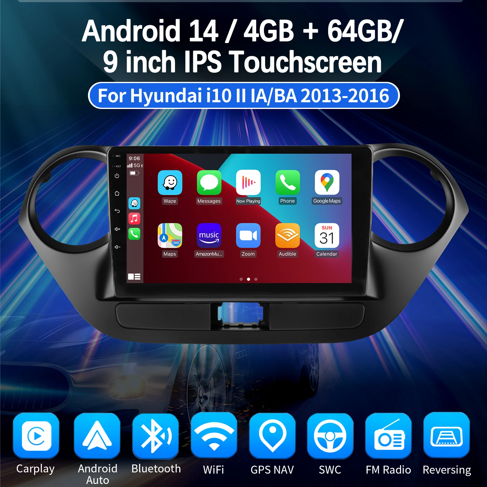 ESSGOO Kabelloses Carplay Android Auto 9" Double DIN HD Touchscreen GPS-Navigation Lenkradsteuerung WIFI Bluetooth FM Mirror Link Autoradio für Hyundai i10 2013-2016 RDS Split-Screen Multimedia-Videoplayer – Detail 1