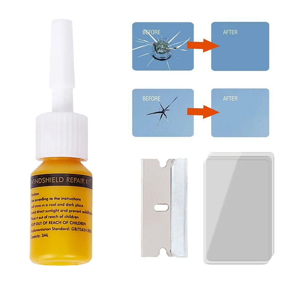 Car glass repair kit 5pcs car broken glass repair kit windshield set DIY casement tool glass scratches repair 1*Repair fluid+3*Cured films+1*Repair B