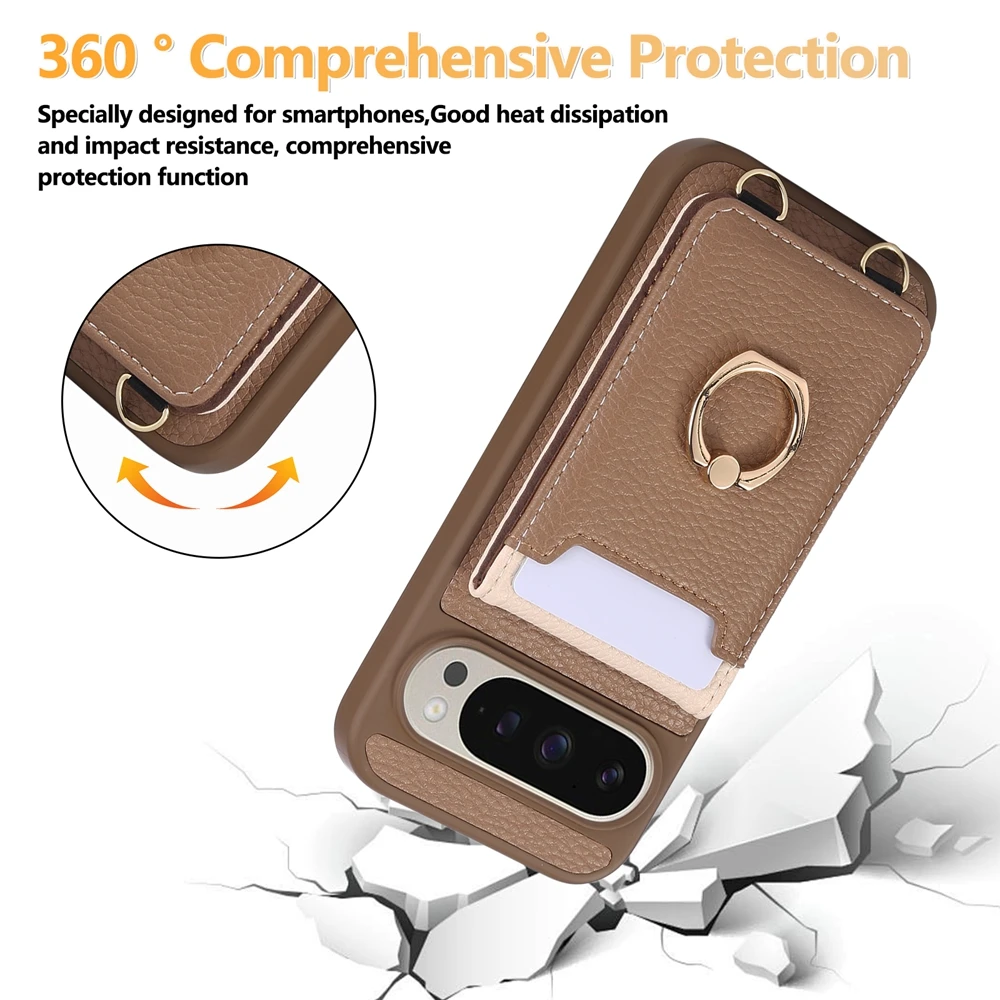 Premium Crossbody Leather Phone Case with Ring Bracket, Card Holder, and Lanyard Strap