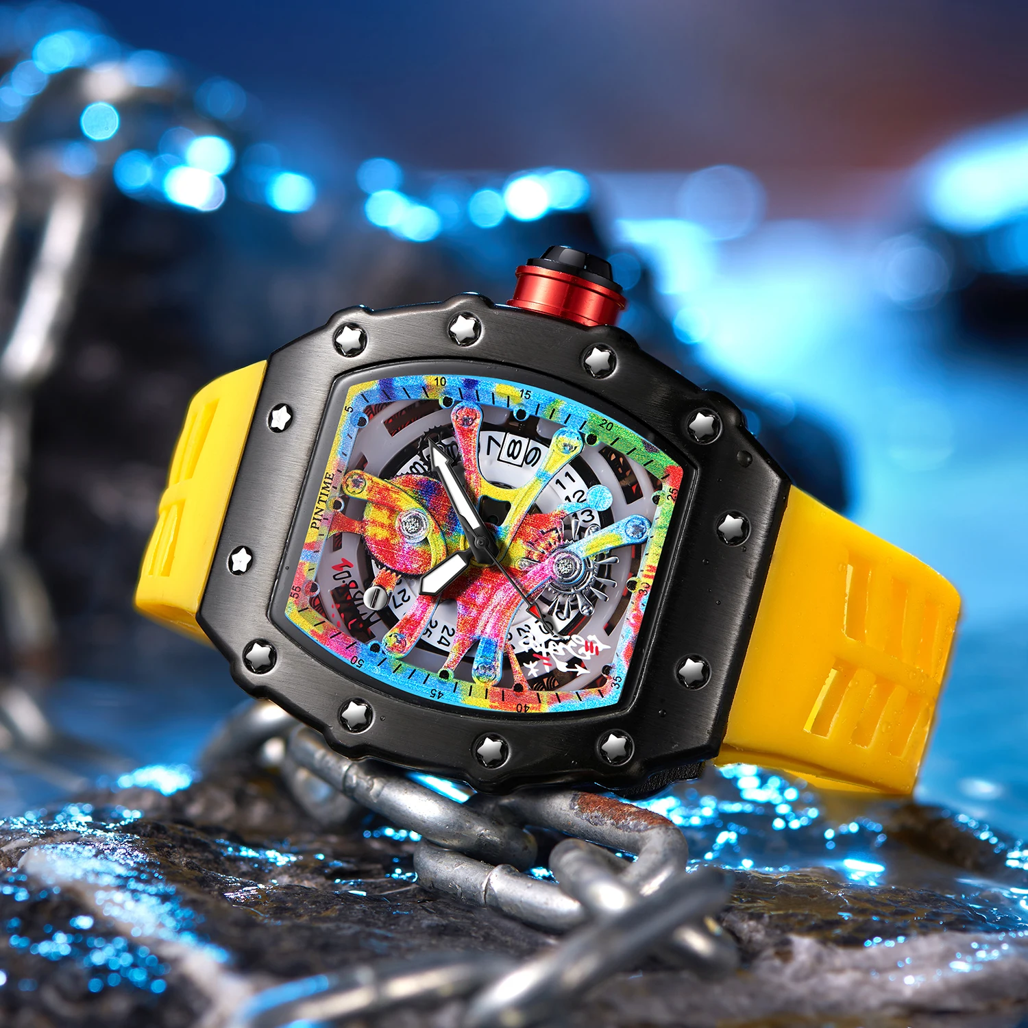 Montre homme luxe tonneau multifonction cadran graffiti automatique étanche sport quartz occasion