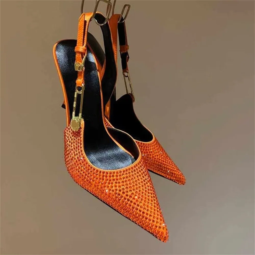 

Orange Rhinestone Pointed Toe Slingback Sandals Woman Summer 2023 Silver Bright Skin Gold Buckle High Heel Shoes for Women