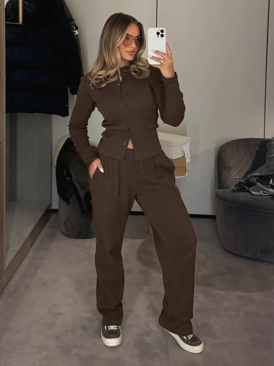 Bornladies Women's Spring New Ribbed Knit Long Sleeve Set Half Turtleneck Buttoned Cardigan & Wide-Leg Pants Two-Piece Outfit