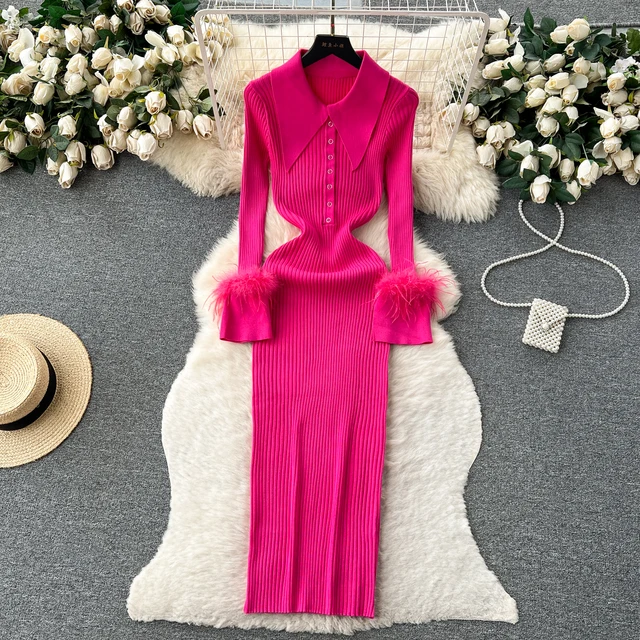 YuooMuoo Women Dress 2026 Autumn Winter Elegant Fur Long Sleeve Knitted Sweater Dress Chic Lady Wrap Hips Bodycon Long Vestidos