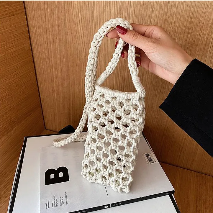 Women Fashion Small Crossbody Phone Bag Solid Color Hollow-out Woven Crochet Lightweight Braided Shoulder Handbag
