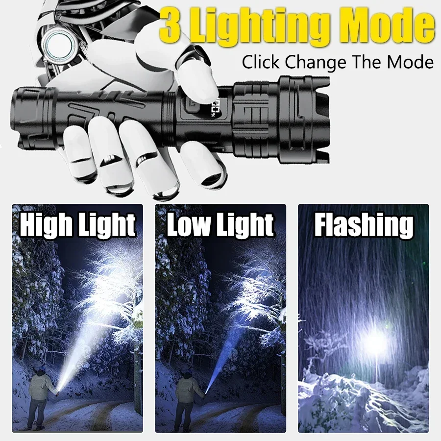 Hochstarke LED-Taschenlampen, tragbare taktische Taschenlampe mit Display-Licht, USB-Aufladung, Camping, Angeln, Notfall-Zoom-Laterne – Detail 37
