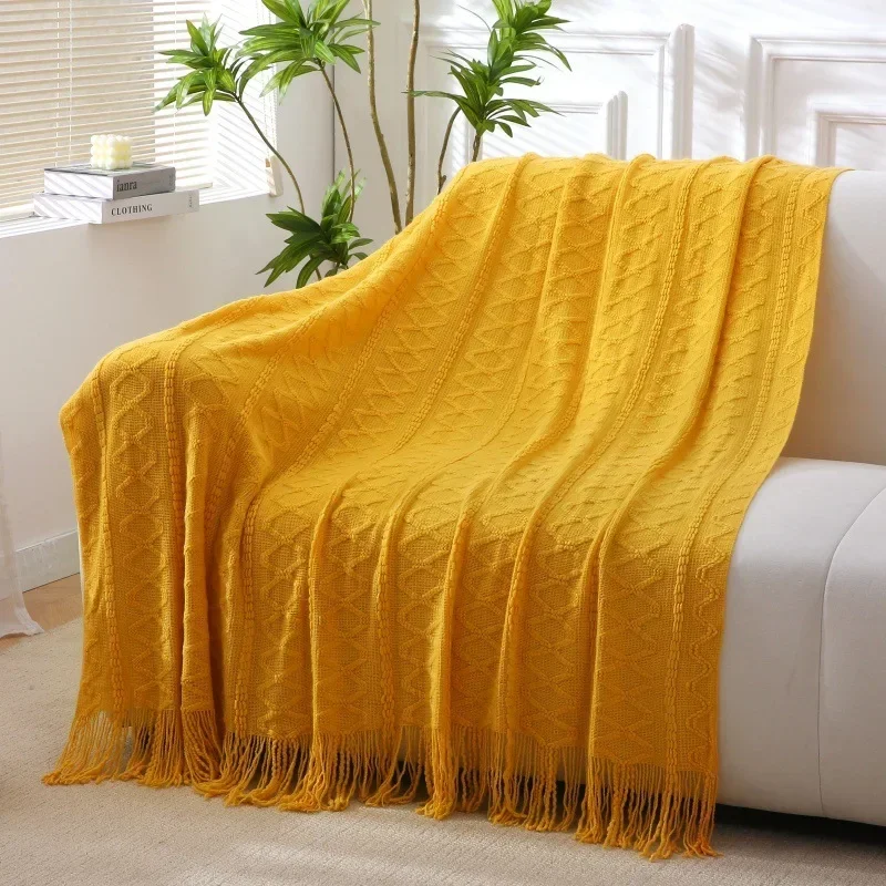Khaki Knitted Blanket Vintage Green Woven Towel Sofa Blanket Tassel Casual Large Soft Cozy Throw Bedspread Couch Cover Farmhouse 2