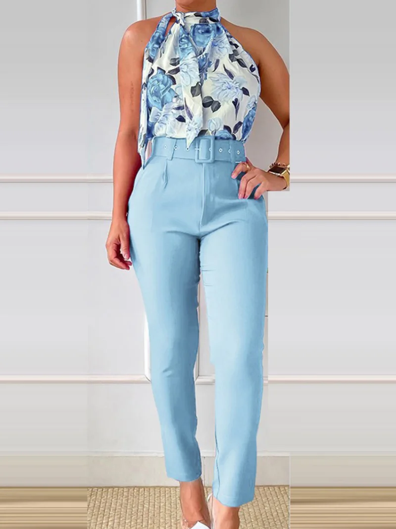 Women High Waist Ankle-Length Pants Outfits Summer Halter Tops Slim Fit Pants Two Piece Set Female Office Patchwork Trousers Set